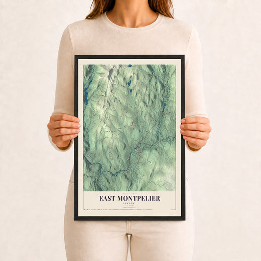 Map of East Montpelier, Vermont, 12 x 18 inch print in a black wood frame