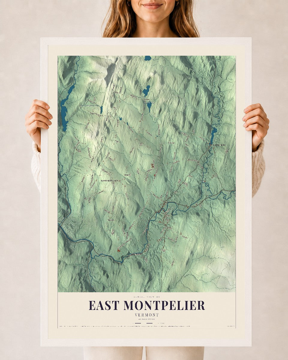East Montpelier, Vermont map print - 24 x 36 white Ayous wood frame