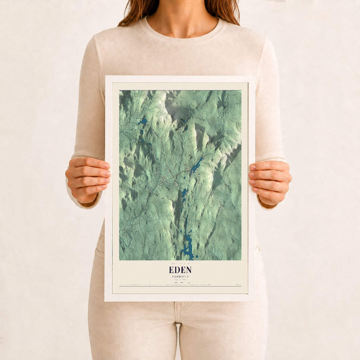Eden, Vermont map print - 12 x 18 white Ayous wood frame