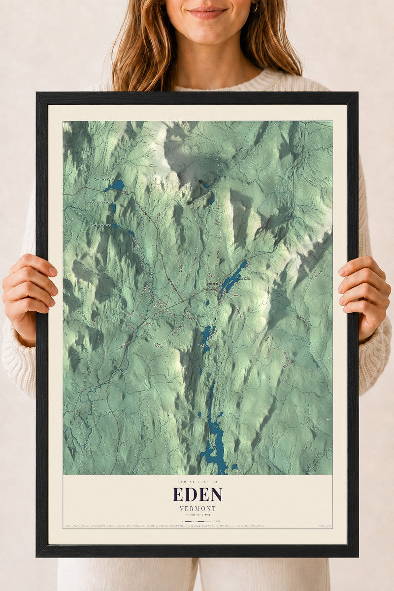 Eden, Vermont map print - 18 x 24 black Ayous wood frame