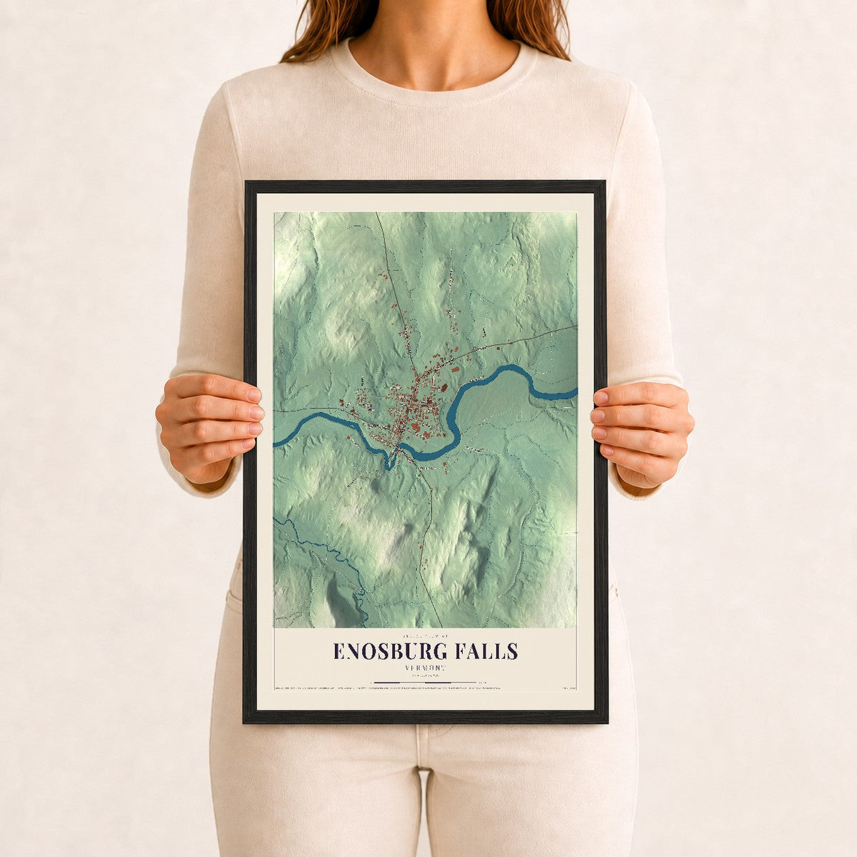 Enosburg Falls, Vermont map print - 12 x 18 black Ayous wood frame