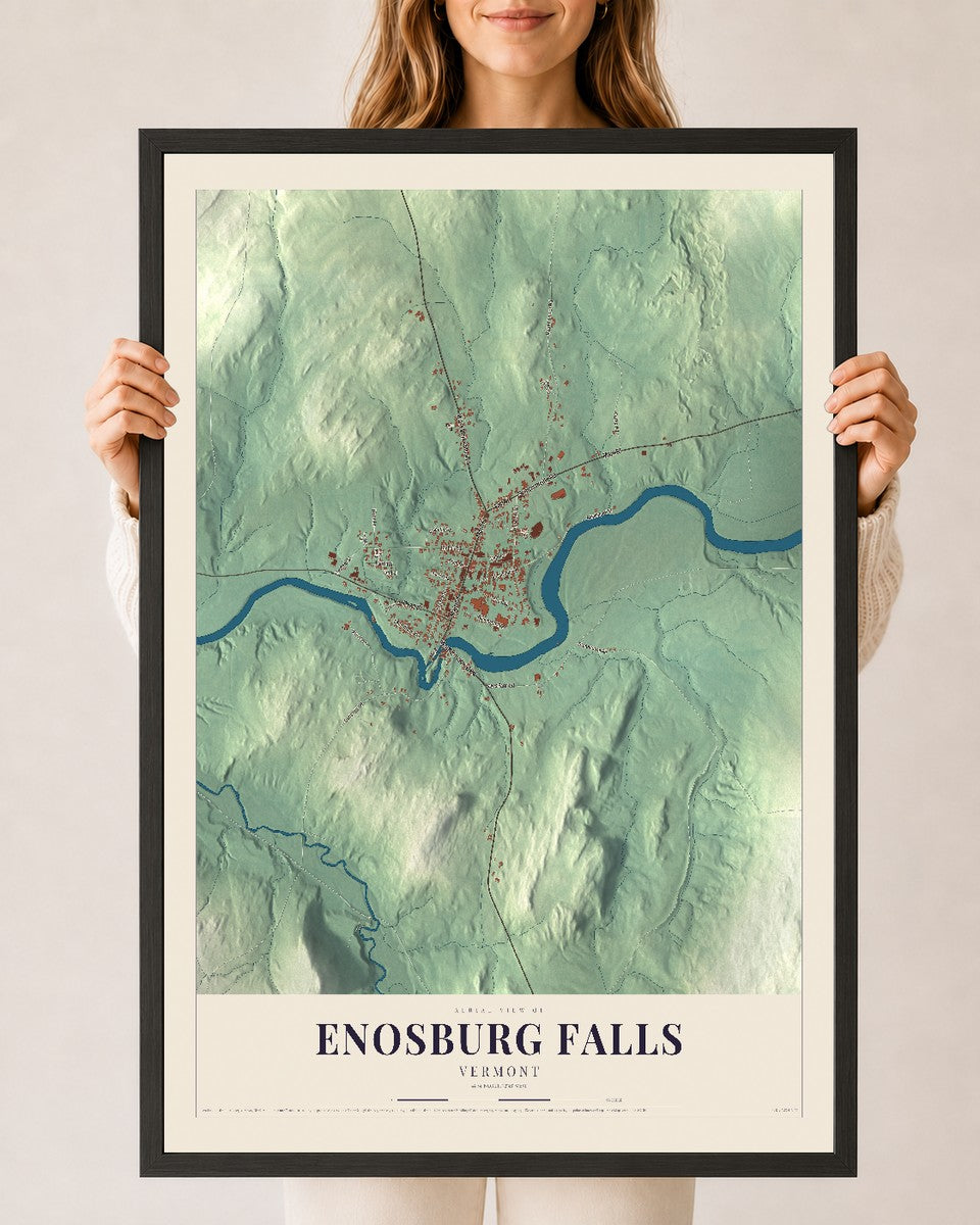 Enosburg Falls, Vermont map print - 24 x 36 black Ayous wood frame