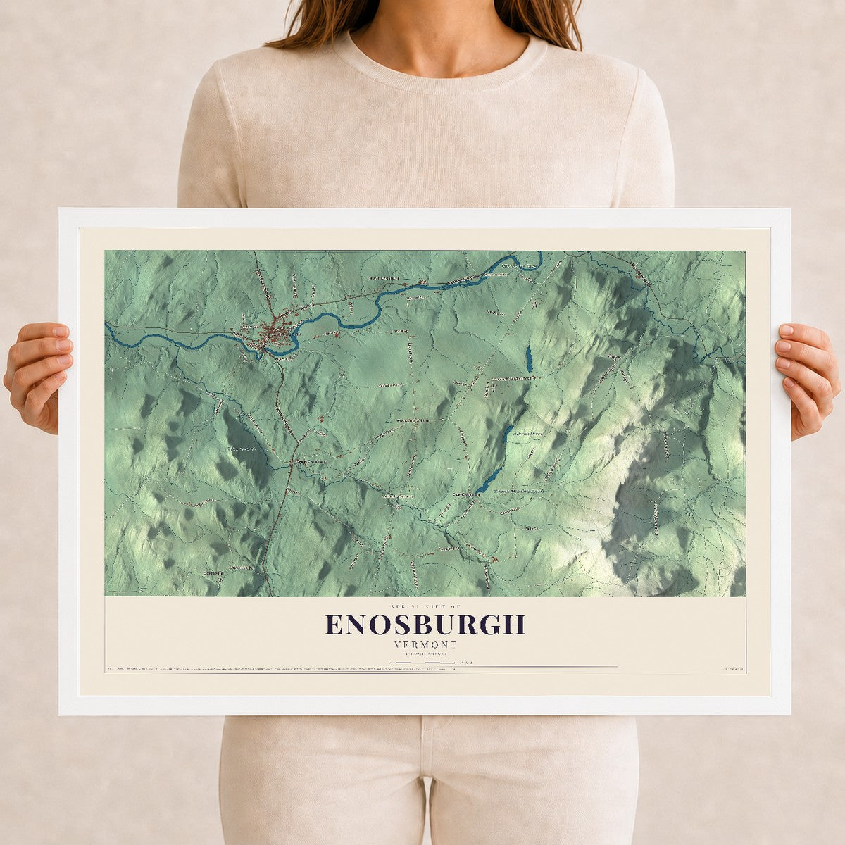 Map of Enosburgh, Vermont, 12 x 18 inch print in a white wood frame