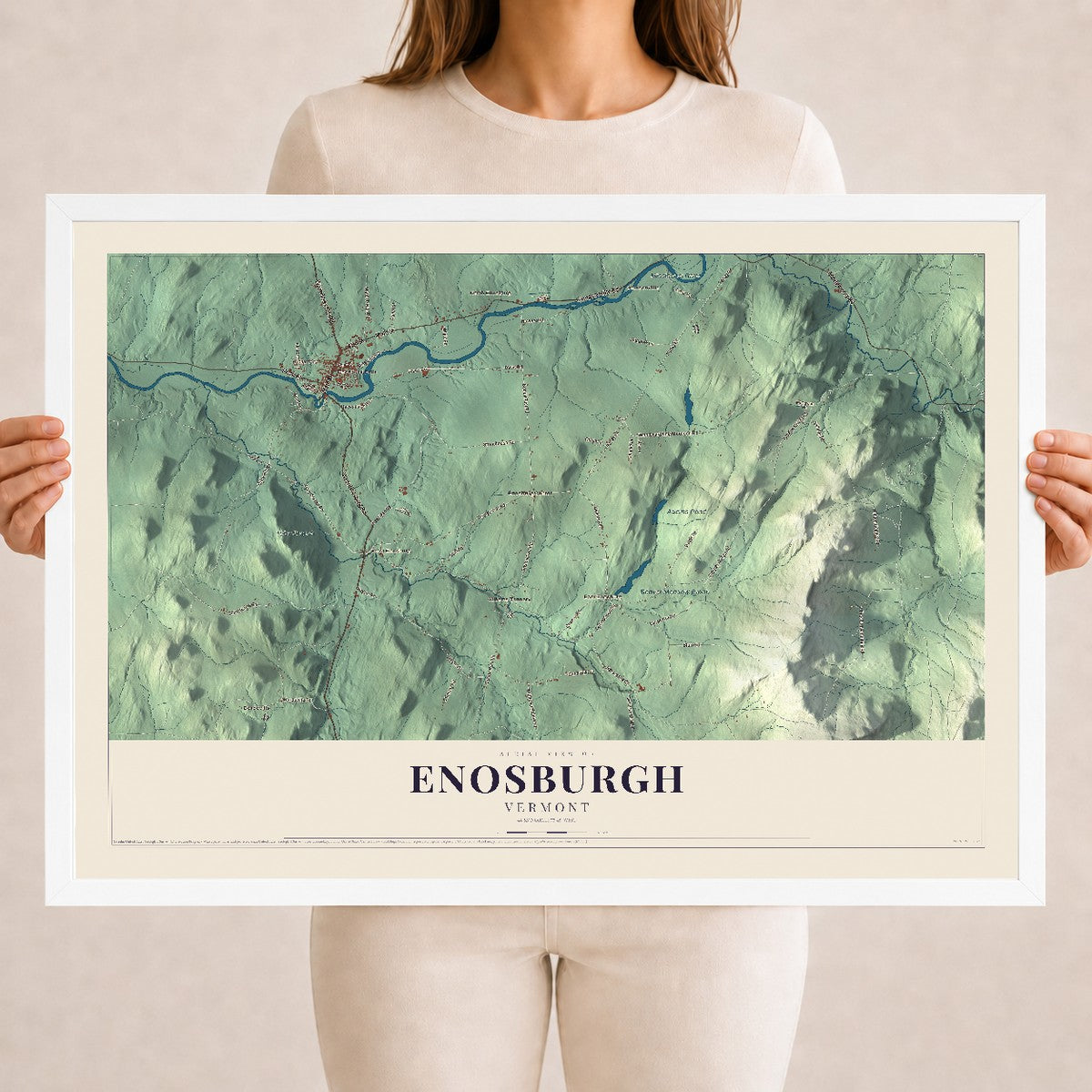 Map of Enosburgh, Vermont, 18 x 24 inch print in a white wood frame