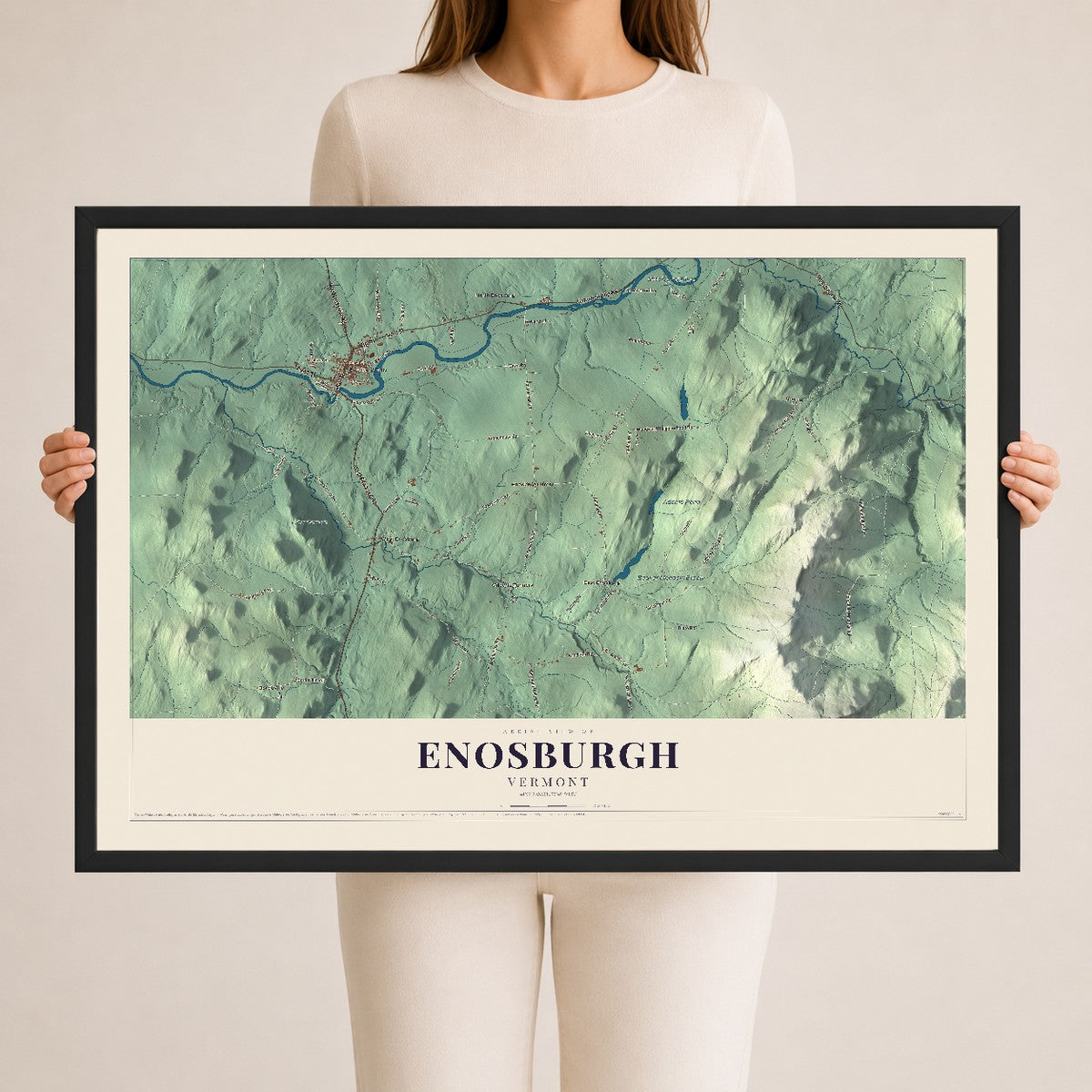 Map of Enosburgh, Vermont, 24 x 36 inch print in a black wood frame