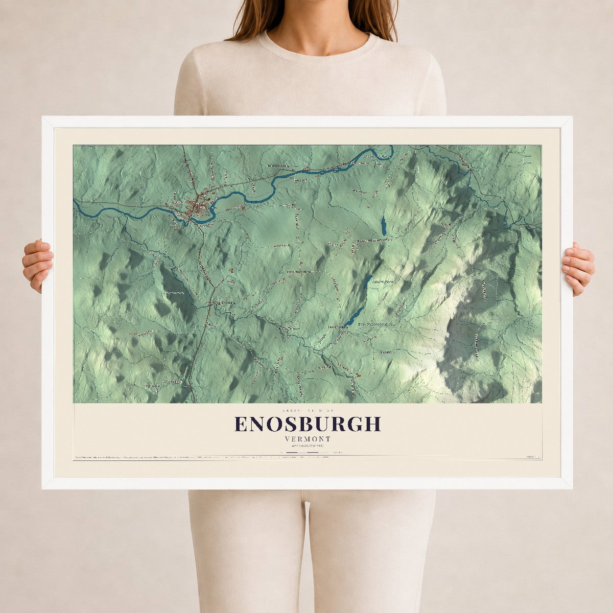 Map of Enosburgh, Vermont, 24 x 36 inch print in a white wood frame