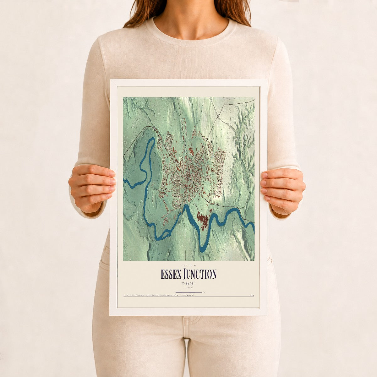 Essex Junction, Vermont map print - 12 x 18 white Ayous wood frame