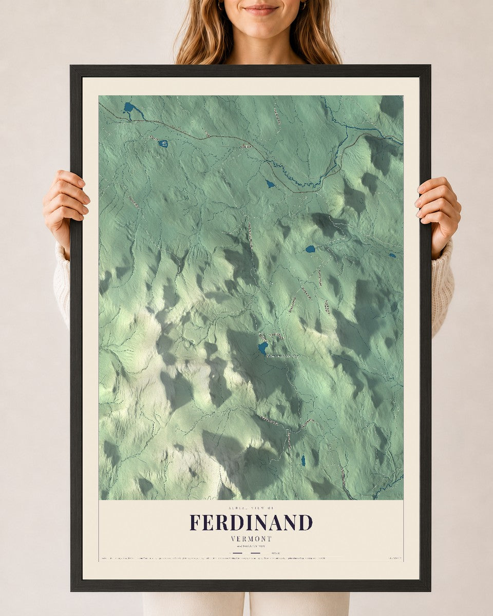 Ferdinand, Vermont map print - 24 x 36 black Ayous wood frame