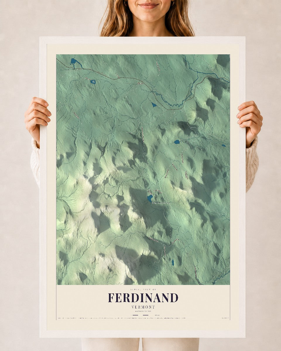 Ferdinand, Vermont map print - 24 x 36 white Ayous wood frame