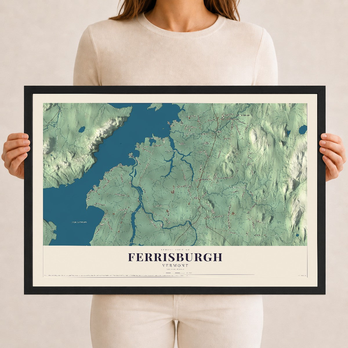 Map of Ferrisburgh, Vermont, 12 x 18 inch print in a black wood frame