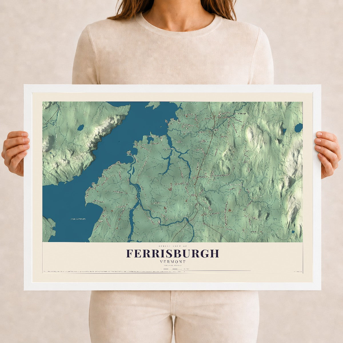 Map of Ferrisburgh, Vermont, 12 x 18 inch print in a white wood frame