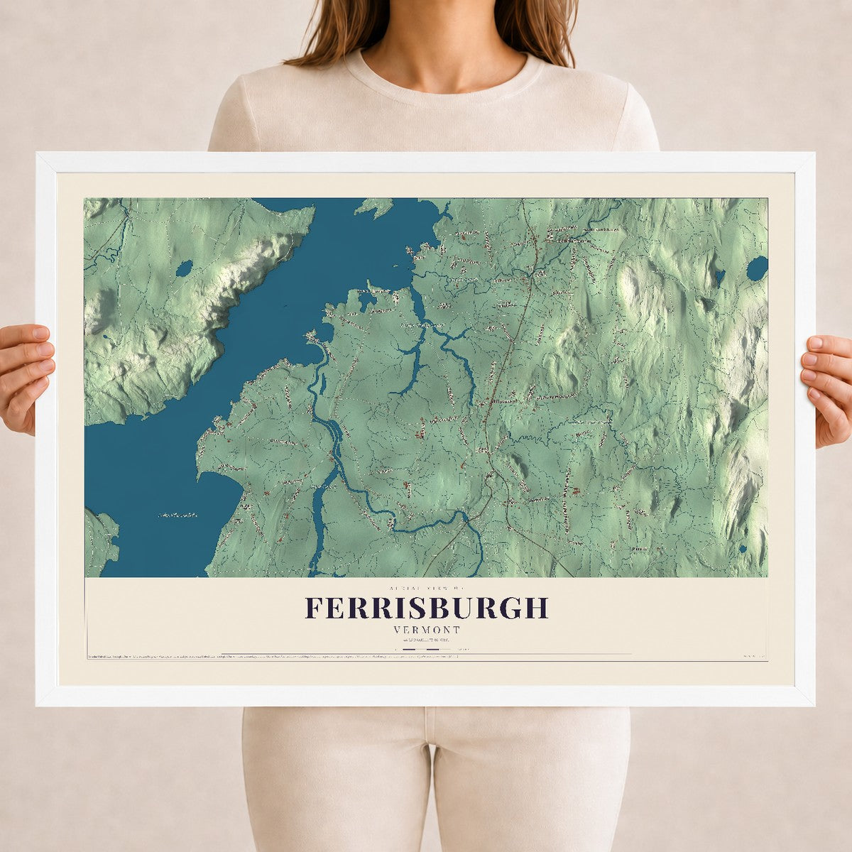 Map of Ferrisburgh, Vermont, 18 x 24 inch print in a white wood frame