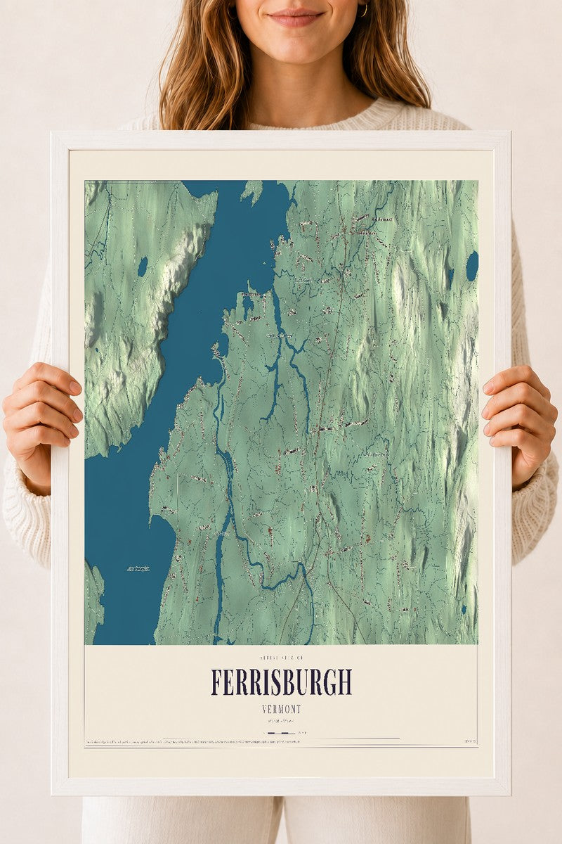 Ferrisburgh, Vermont map print - 18 x 24 white Ayous wood frame