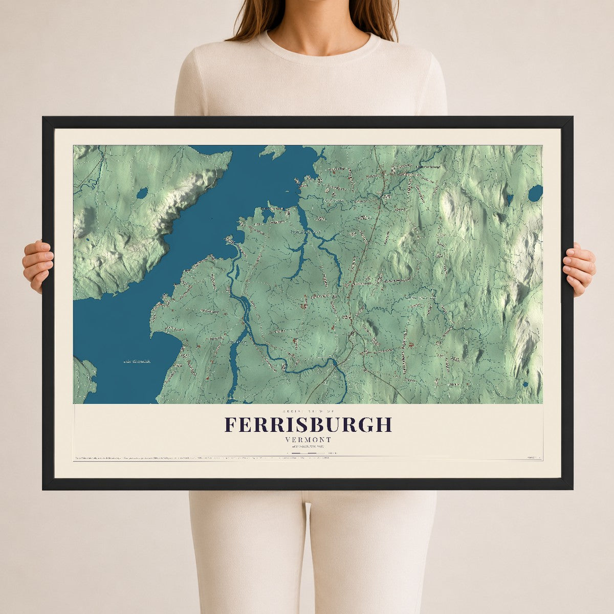 Map of Ferrisburgh, Vermont, 24 x 36 inch print in a black wood frame