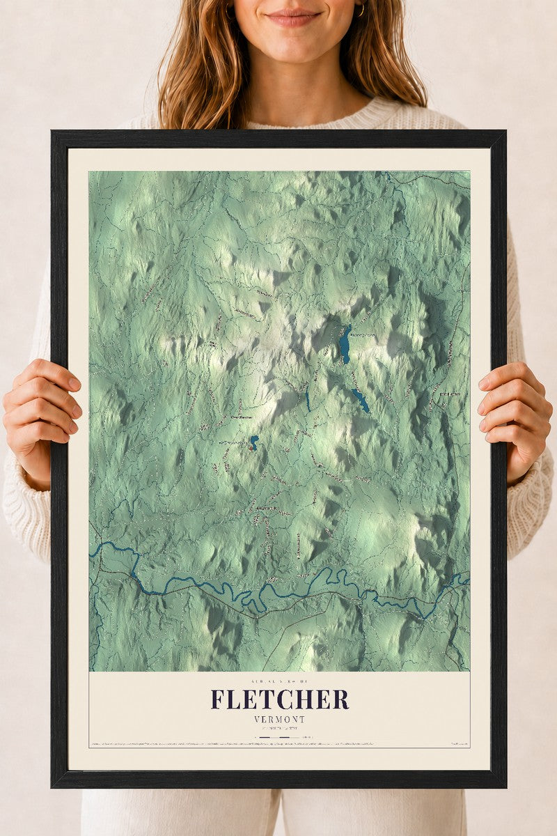 Fletcher, Vermont map print - 18 x 24 black Ayous wood frame