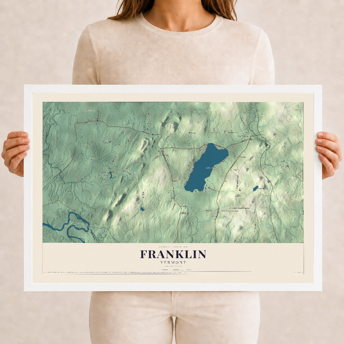 Map of Franklin, Vermont, 12 x 18 inch print in a white wood frame