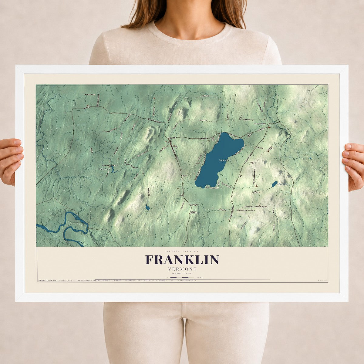 Map of Franklin, Vermont, 18 x 24 inch print in a white wood frame