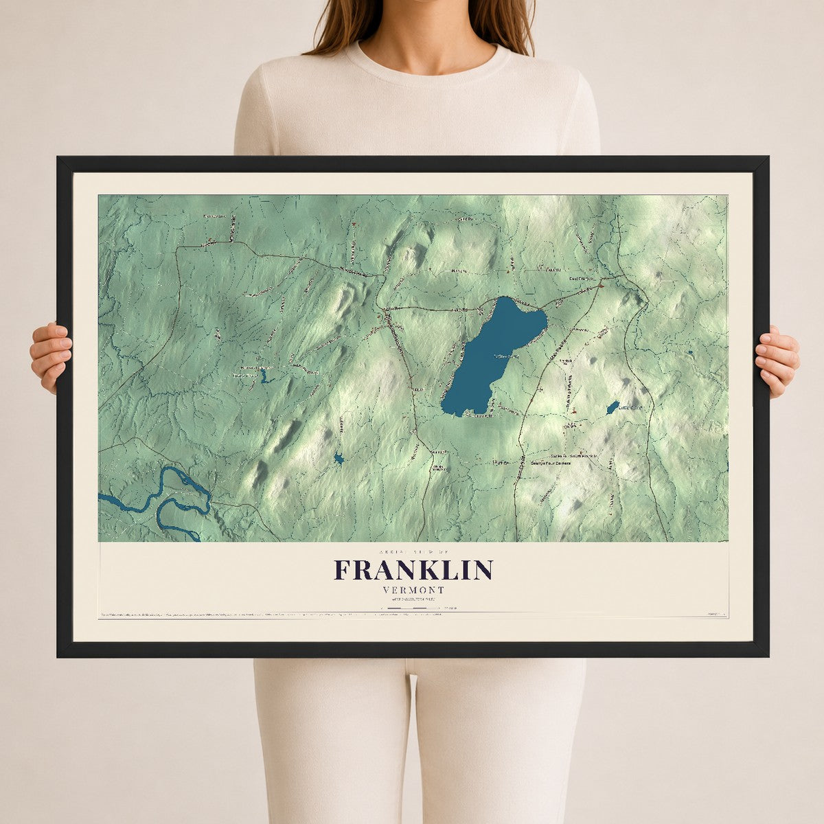 Map of Franklin, Vermont, 24 x 36 inch print in a black wood frame