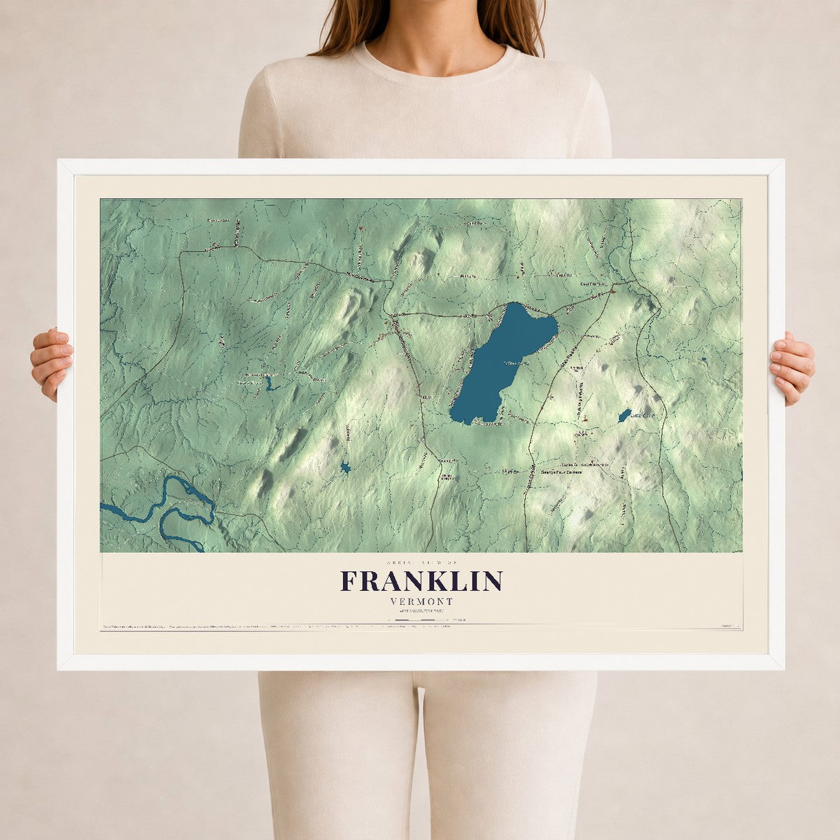 Map of Franklin, Vermont, 24 x 36 inch print in a white wood frame