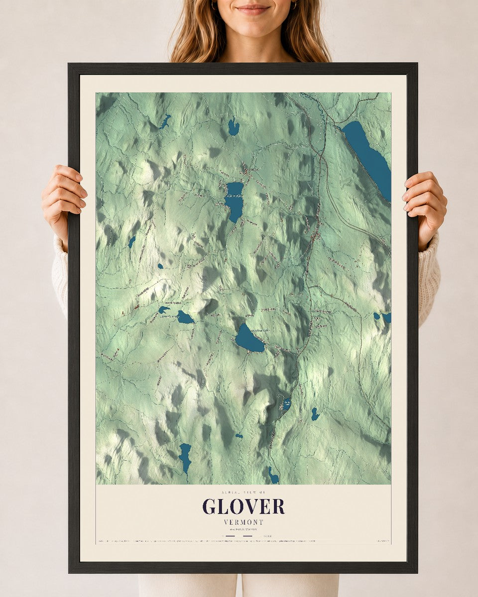 Glover, Vermont map print - 24 x 36 black Ayous wood frame