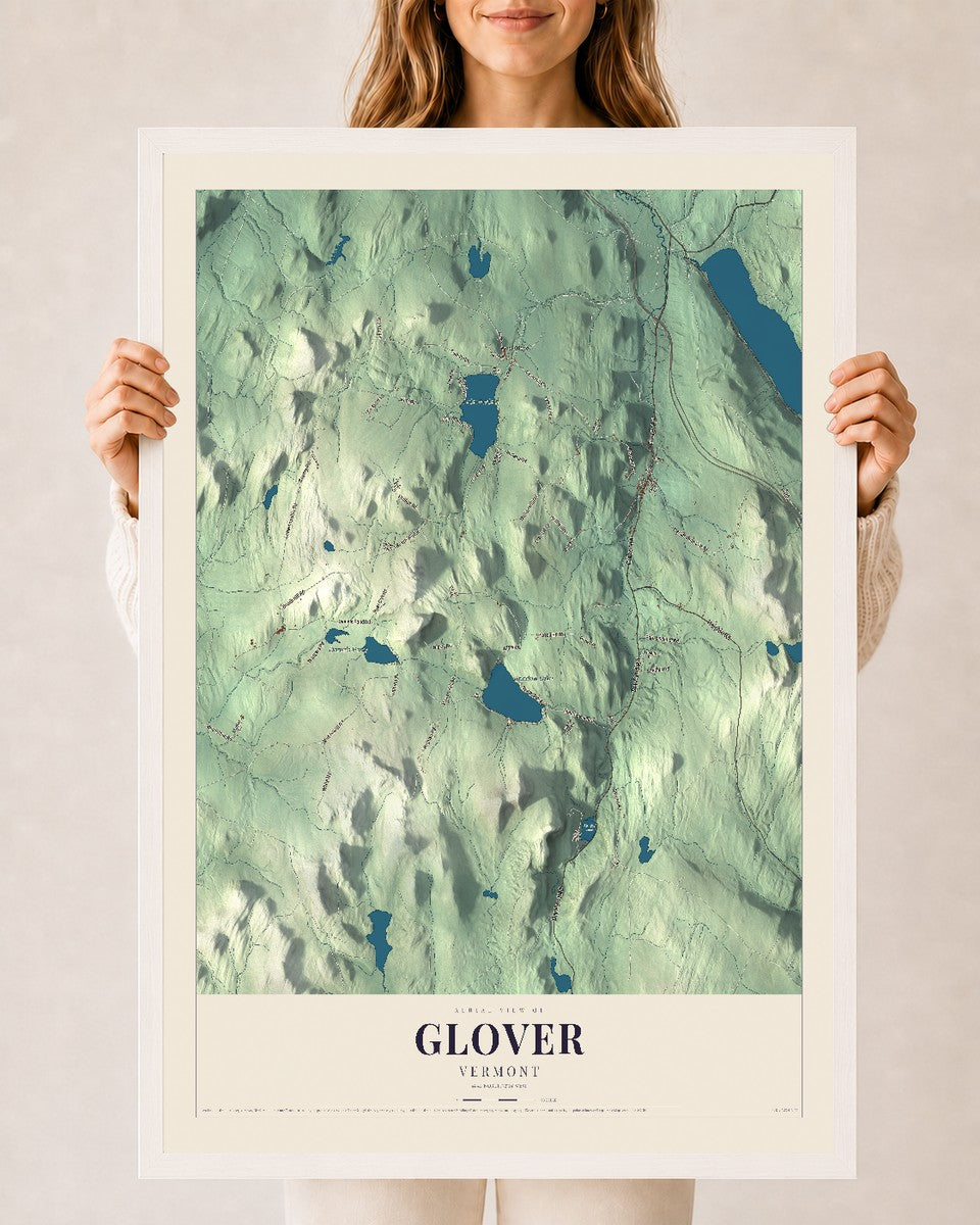Glover, Vermont map print - 24 x 36 white Ayous wood frame