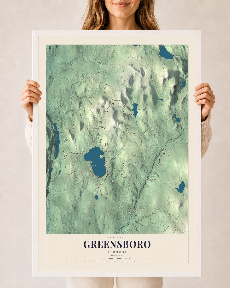 Greensboro, Vermont map print - 24 x 36 white Ayous wood frame