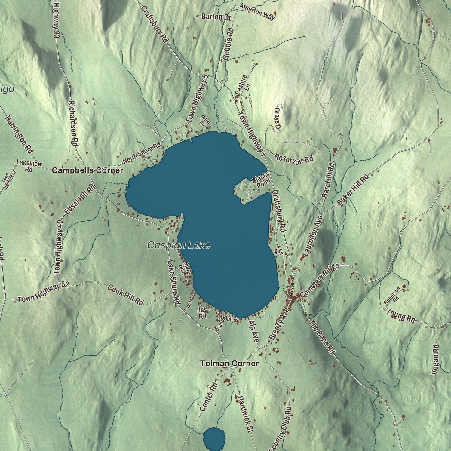 Terrain and local geography detail from the Greensboro, Vermont map