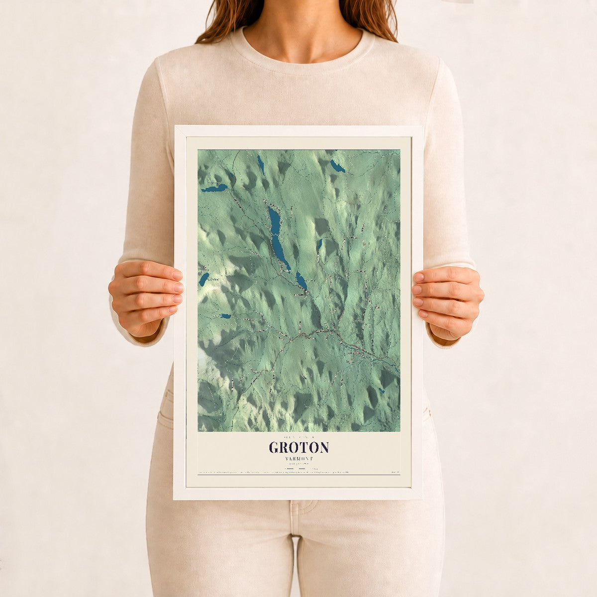 Groton, Vermont map print - 12 x 18 white Ayous wood frame