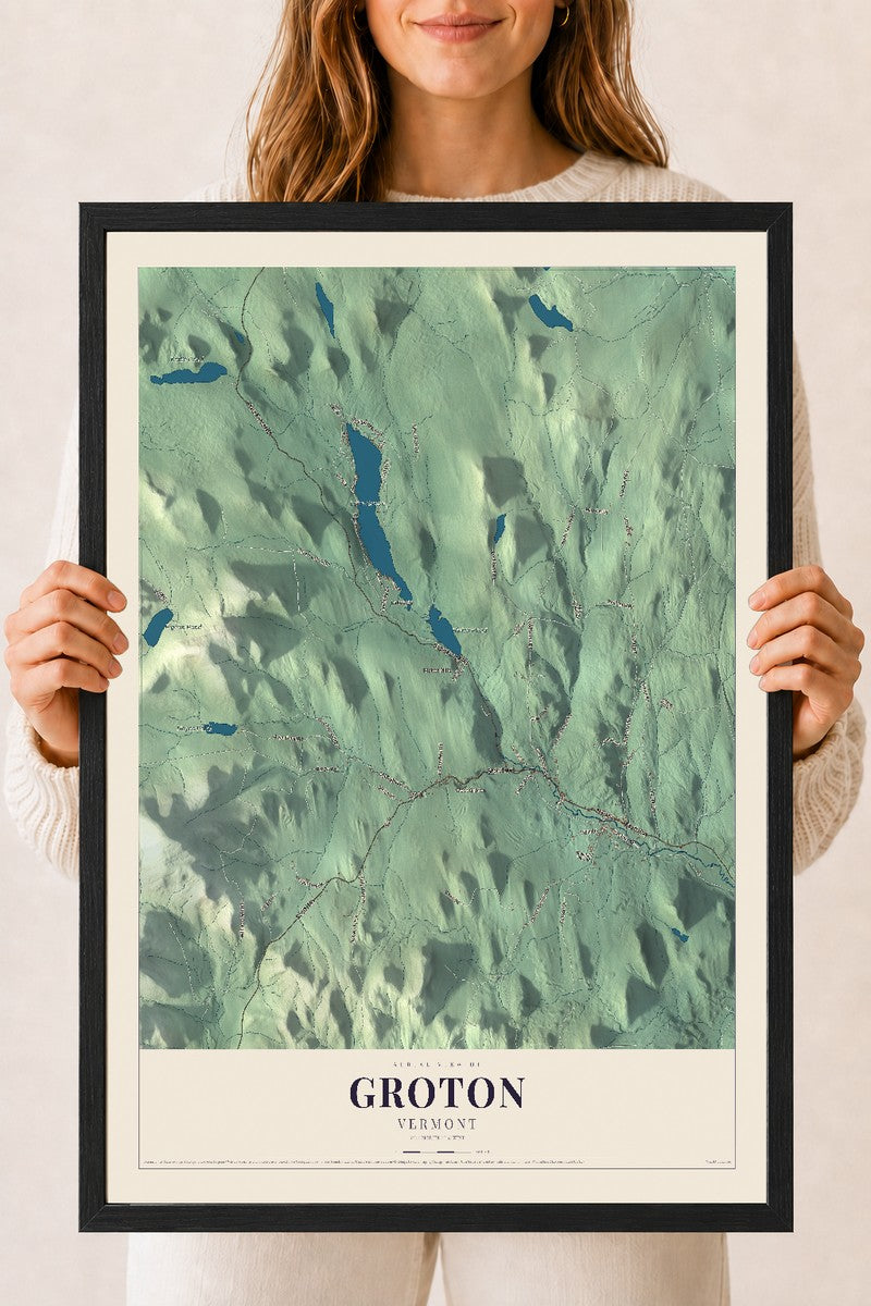 Groton, Vermont map print - 18 x 24 black Ayous wood frame