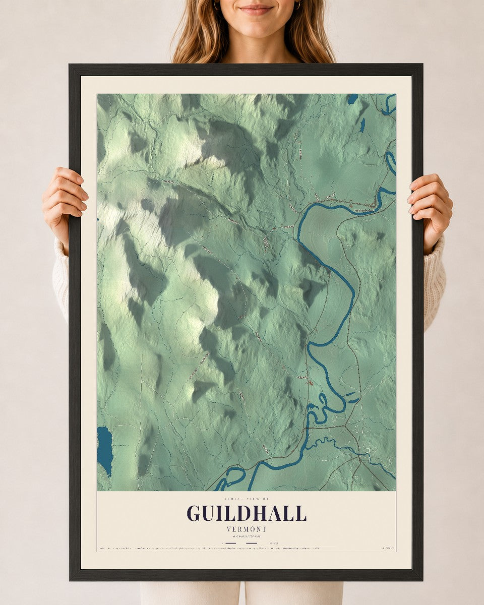Guildhall, Vermont map print - 24 x 36 black Ayous wood frame