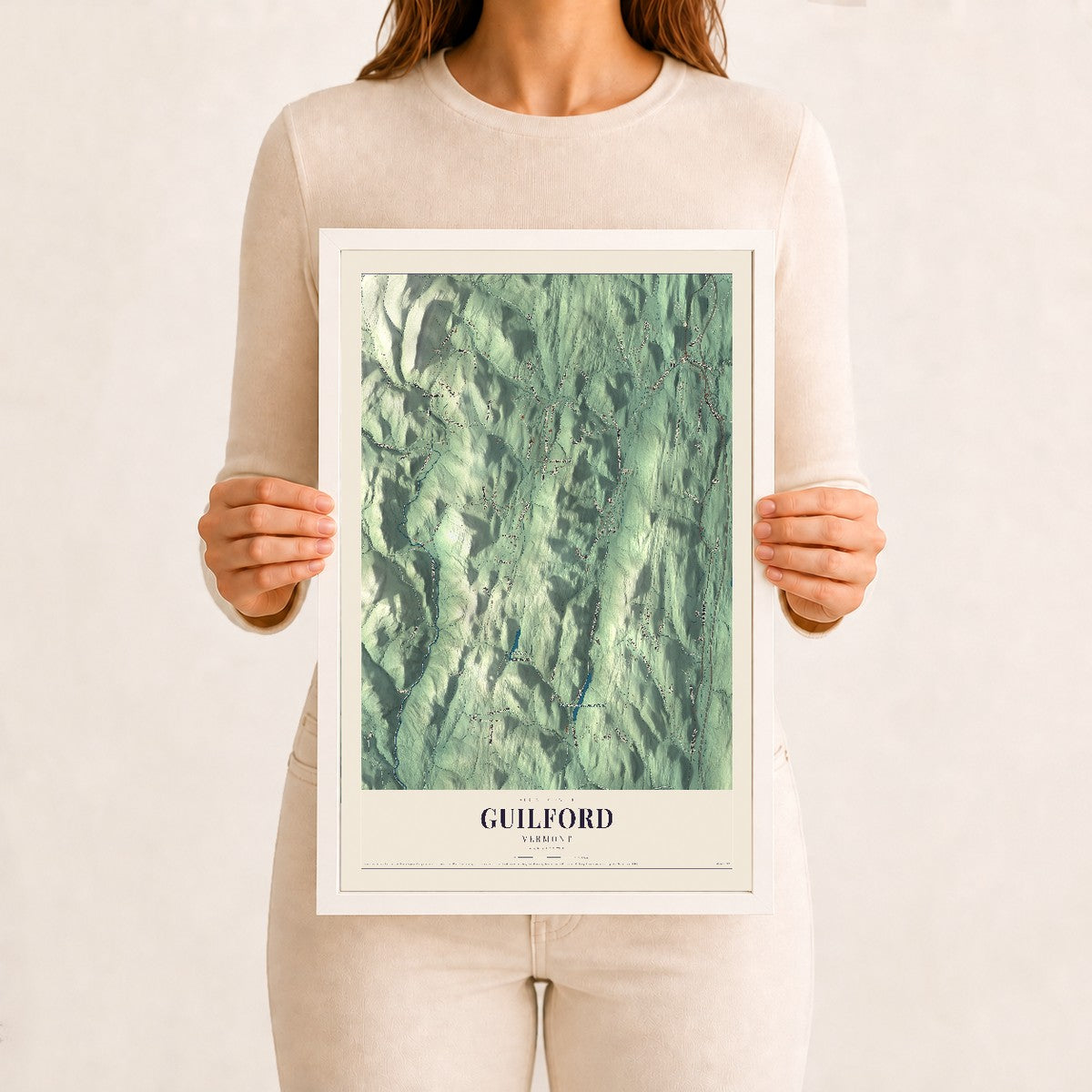Guilford, Vermont map print - 12 x 18 white Ayous wood frame