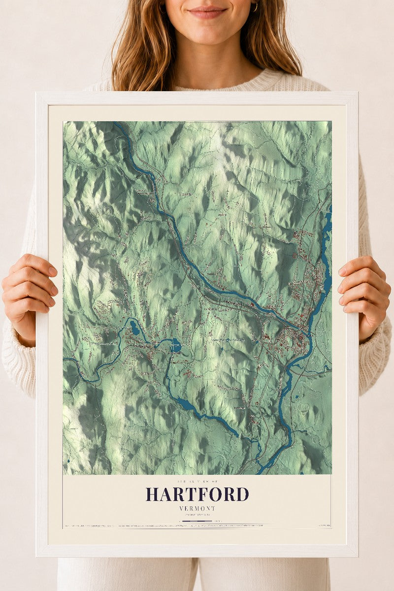 Hartford, Vermont map print - 18 x 24 white Ayous wood frame
