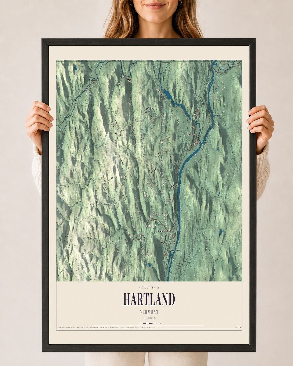 Hartland, Vermont map print - 24 x 36 black Ayous wood frame