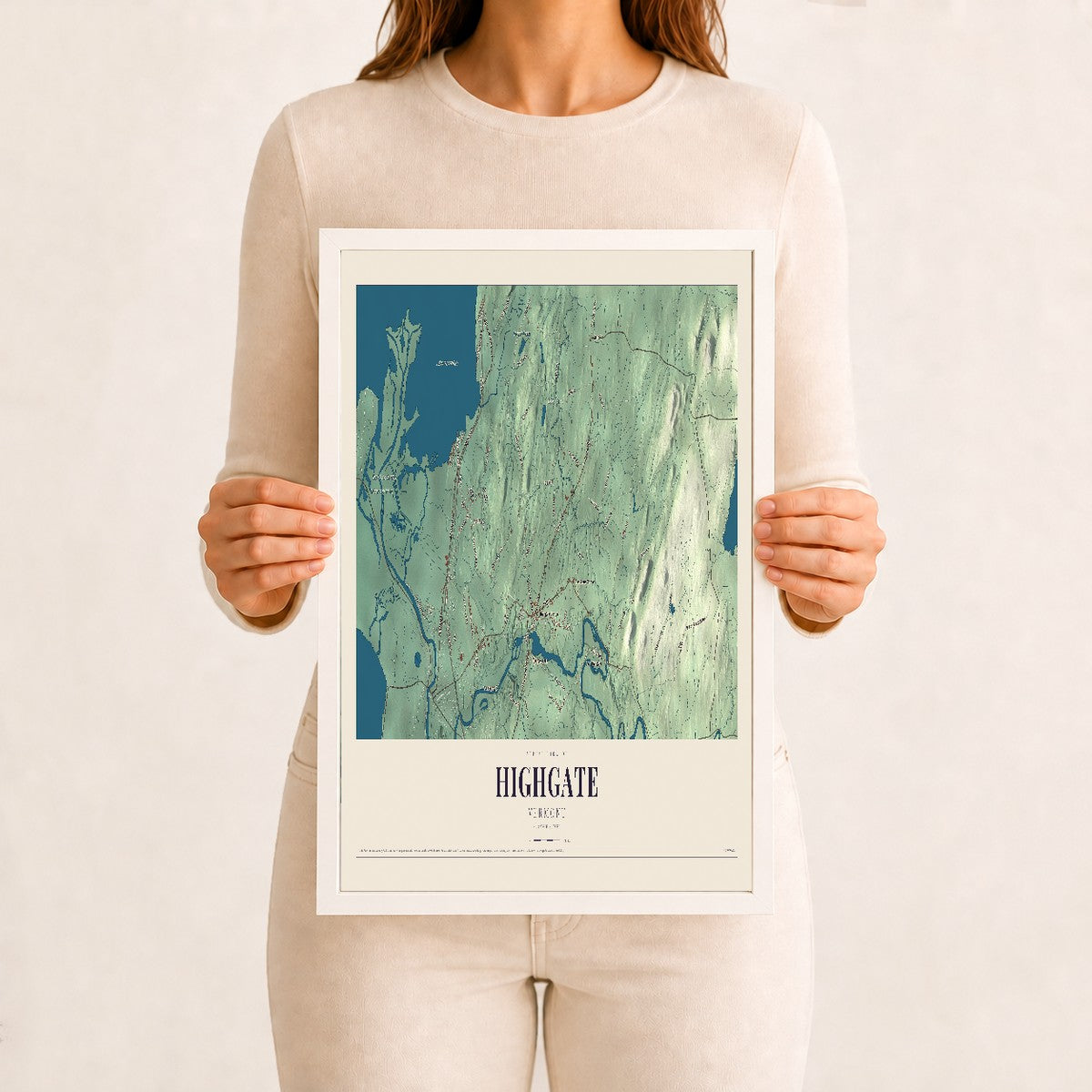 Highgate, Vermont map print - 12 x 18 white Ayous wood frame