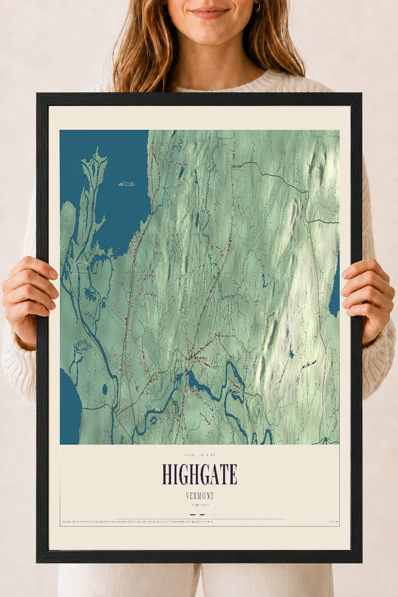 Highgate, Vermont map print - 18 x 24 black Ayous wood frame
