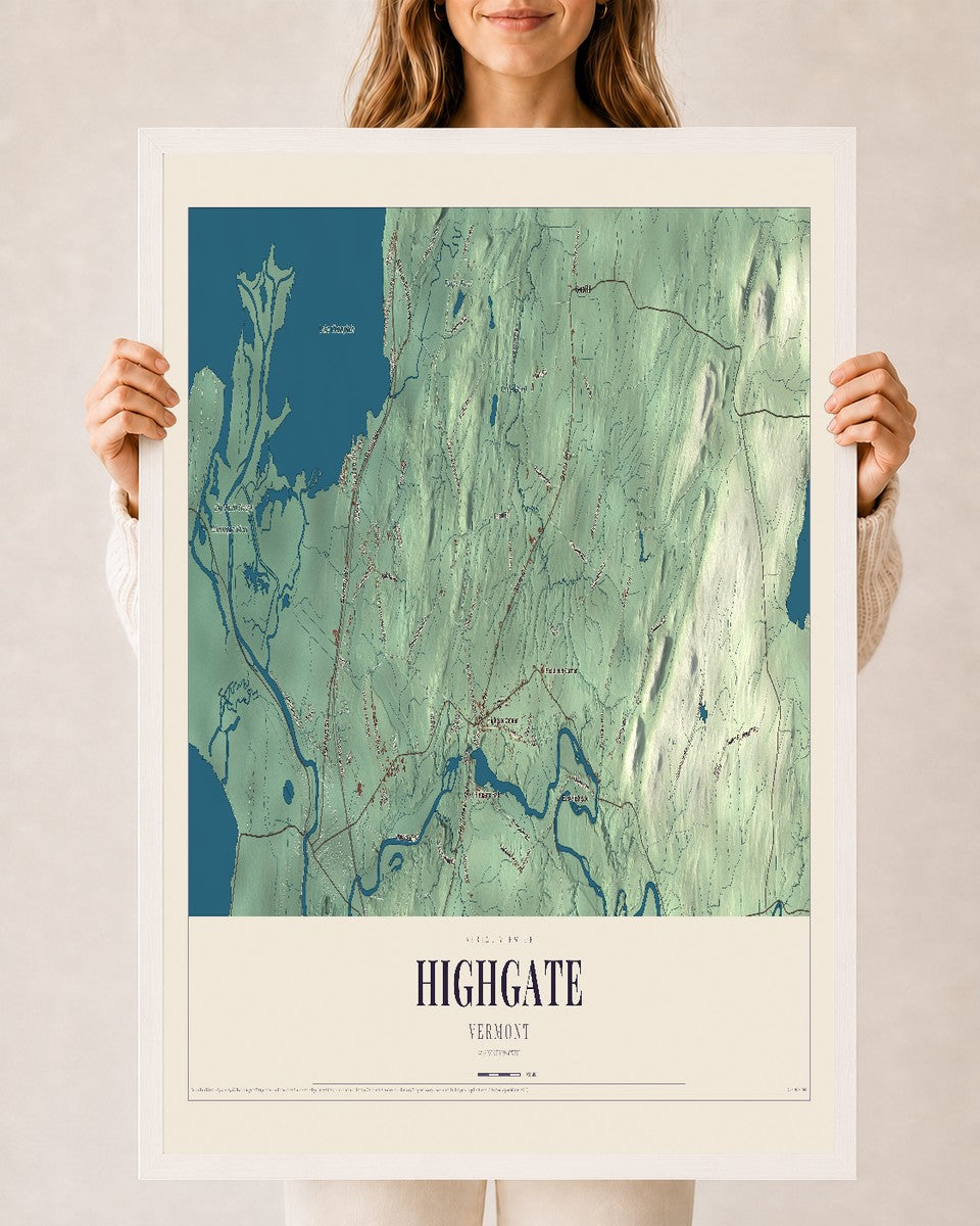 Highgate, Vermont map print - 24 x 36 white Ayous wood frame