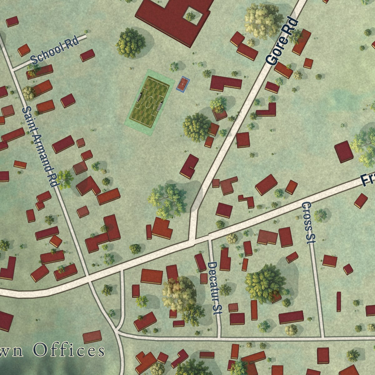 Close-up of the map of Highgate Center, Vermont print showing street and building detail