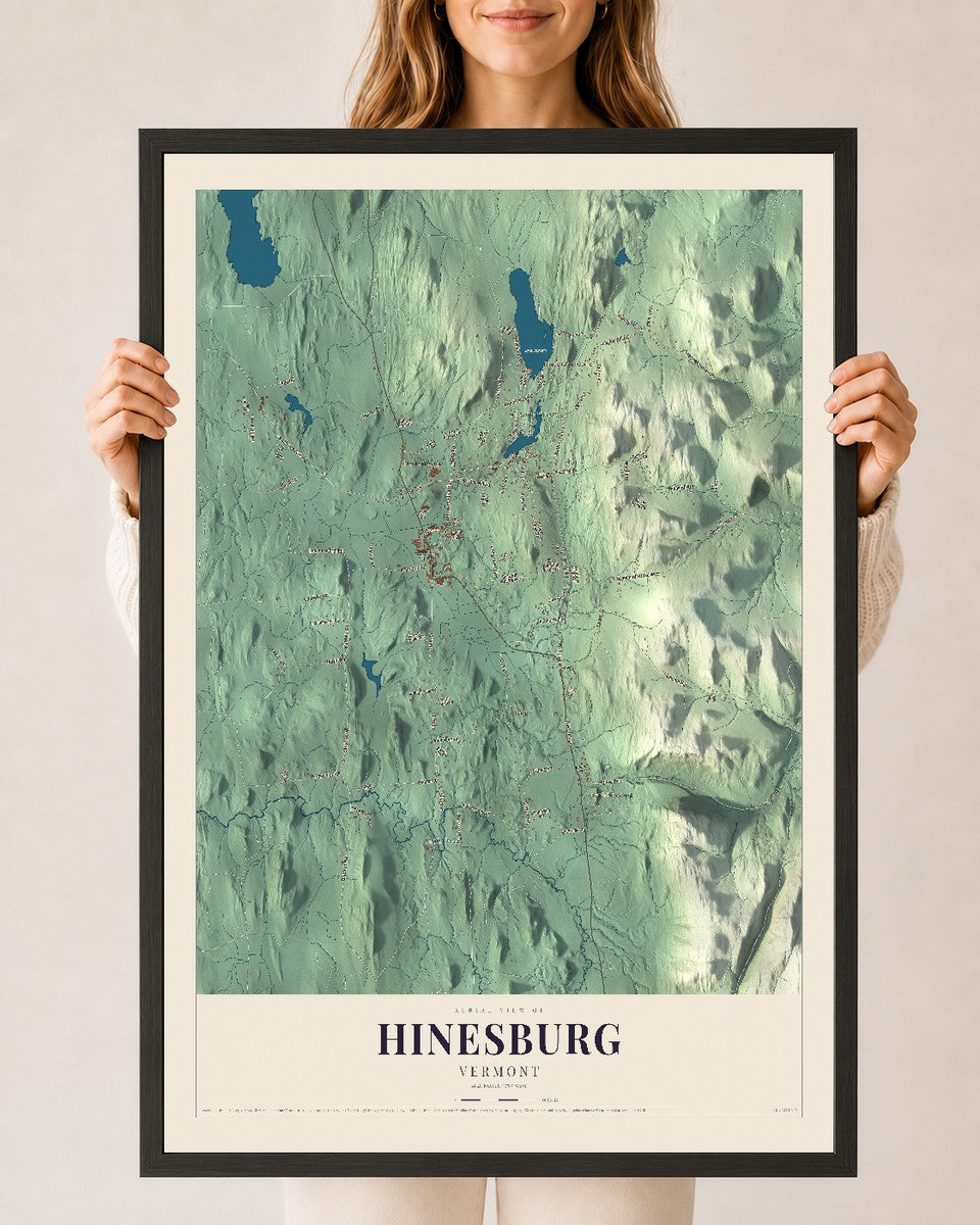 Hinesburg, Vermont map print - 24 x 36 black Ayous wood frame