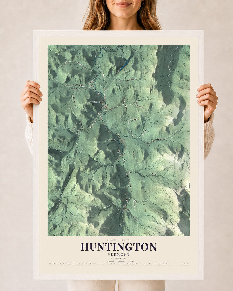 Huntington, Vermont map print - 24 x 36 white Ayous wood frame