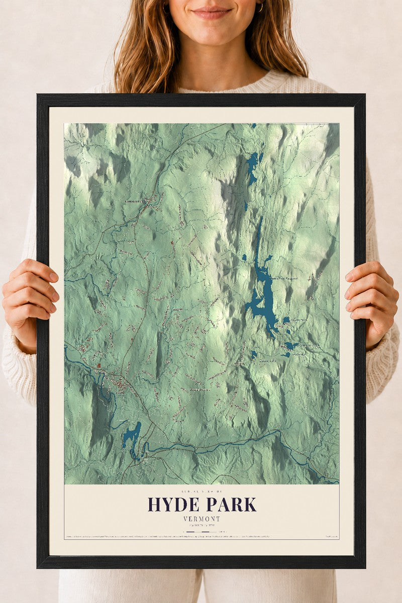 Hyde Park, Vermont map print - 18 x 24 black Ayous wood frame