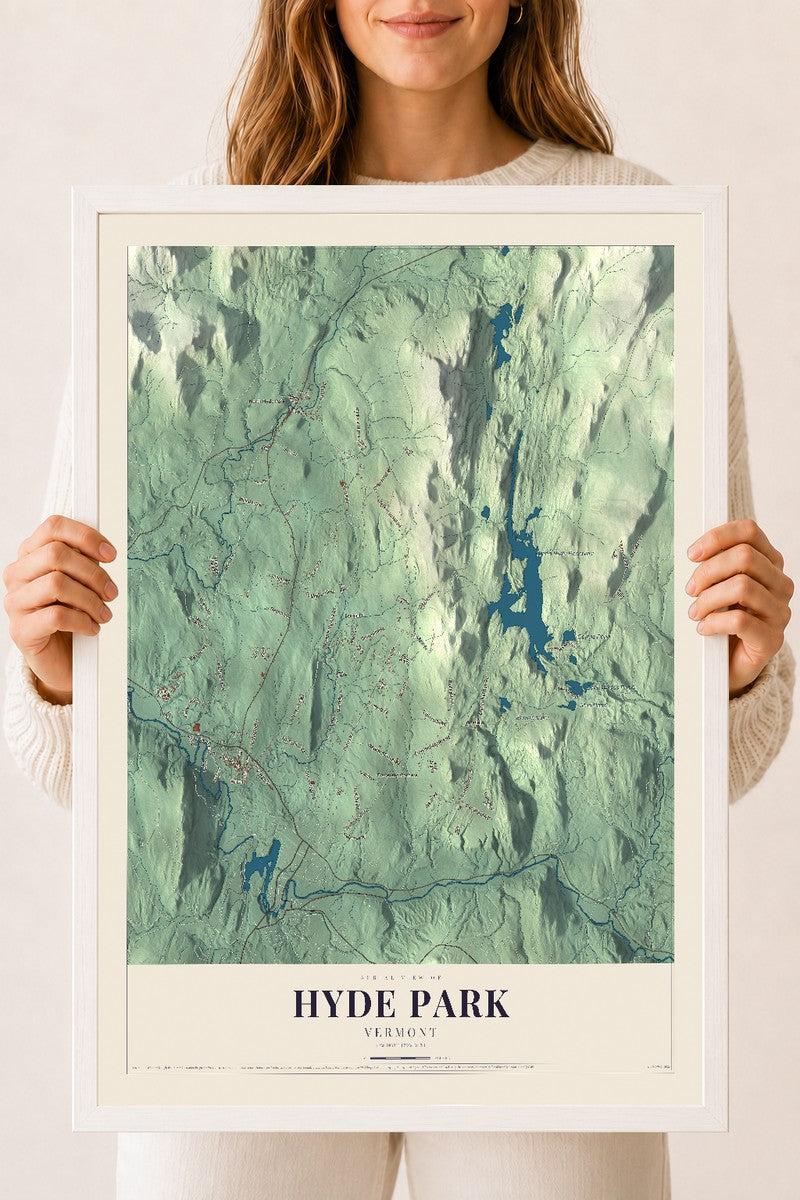 Hyde Park, Vermont map print - 18 x 24 white Ayous wood frame