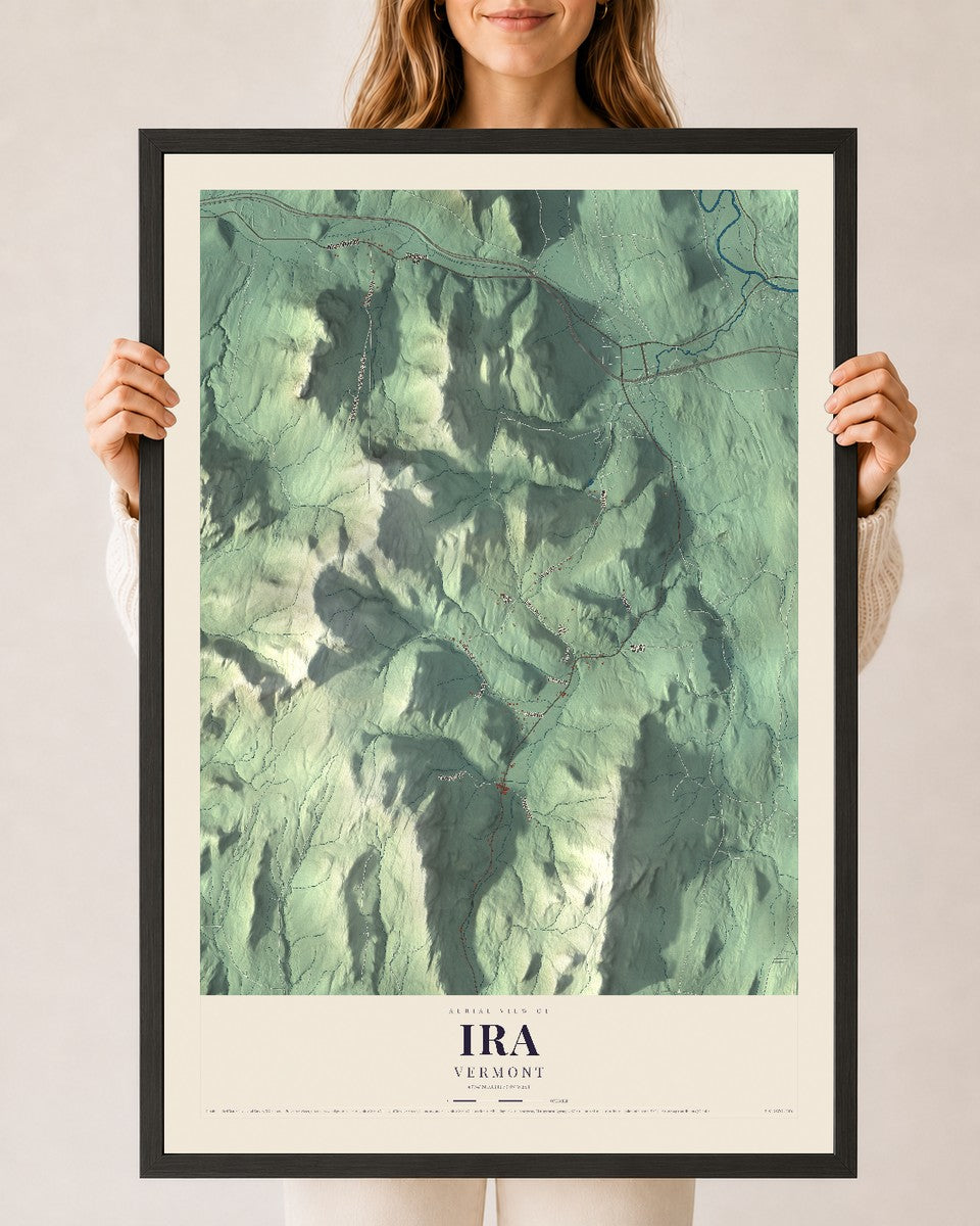 Ira, Vermont map print - 24 x 36 black Ayous wood frame