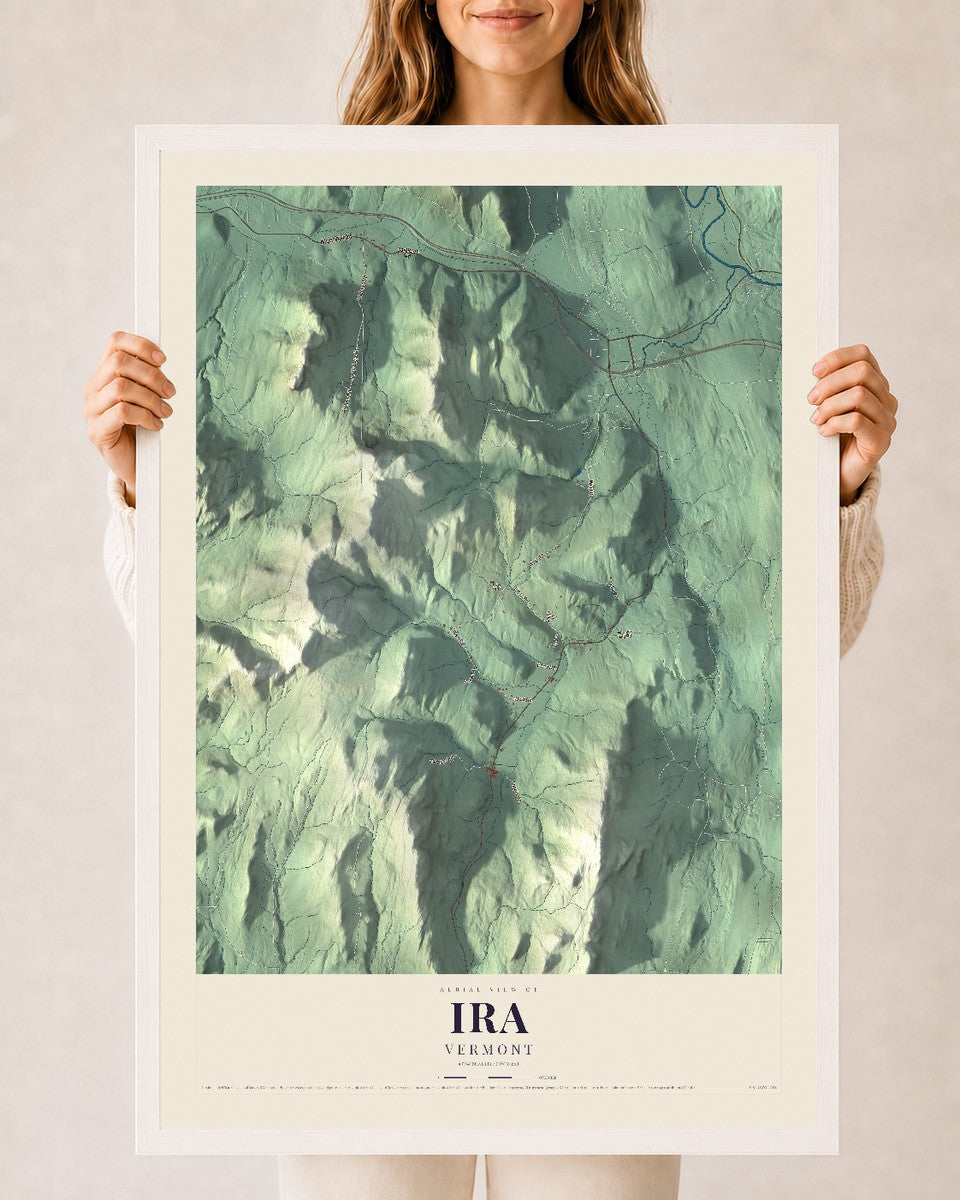Ira, Vermont map print - 24 x 36 white Ayous wood frame