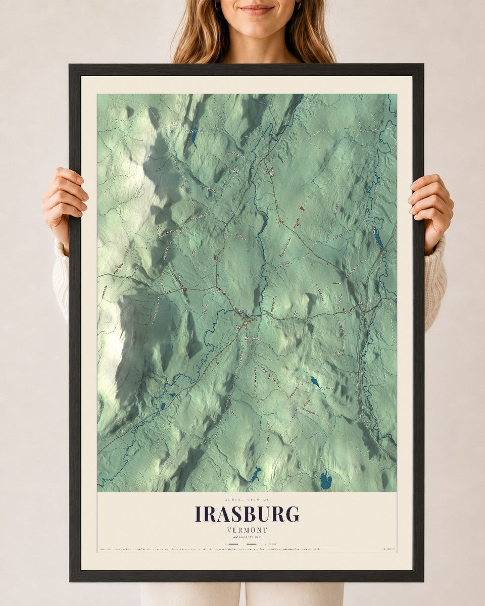 Irasburg, Vermont map print - 24 x 36 black Ayous wood frame