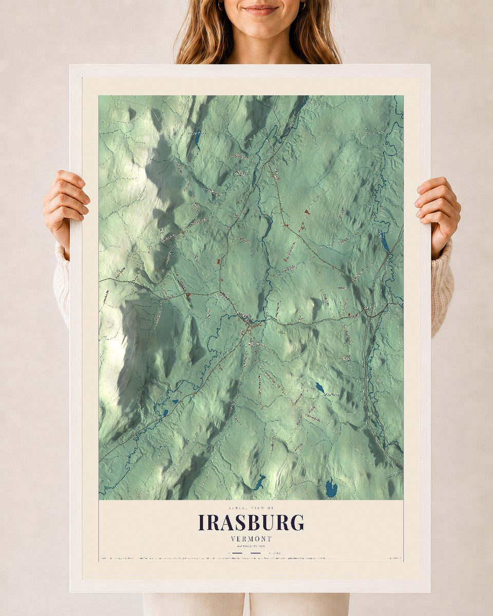 Irasburg, Vermont map print - 24 x 36 white Ayous wood frame