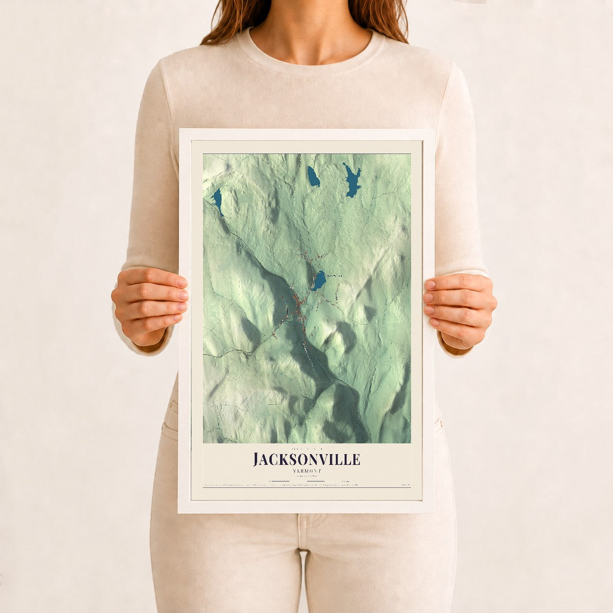 Jacksonville, Vermont map print - 12 x 18 white Ayous wood frame