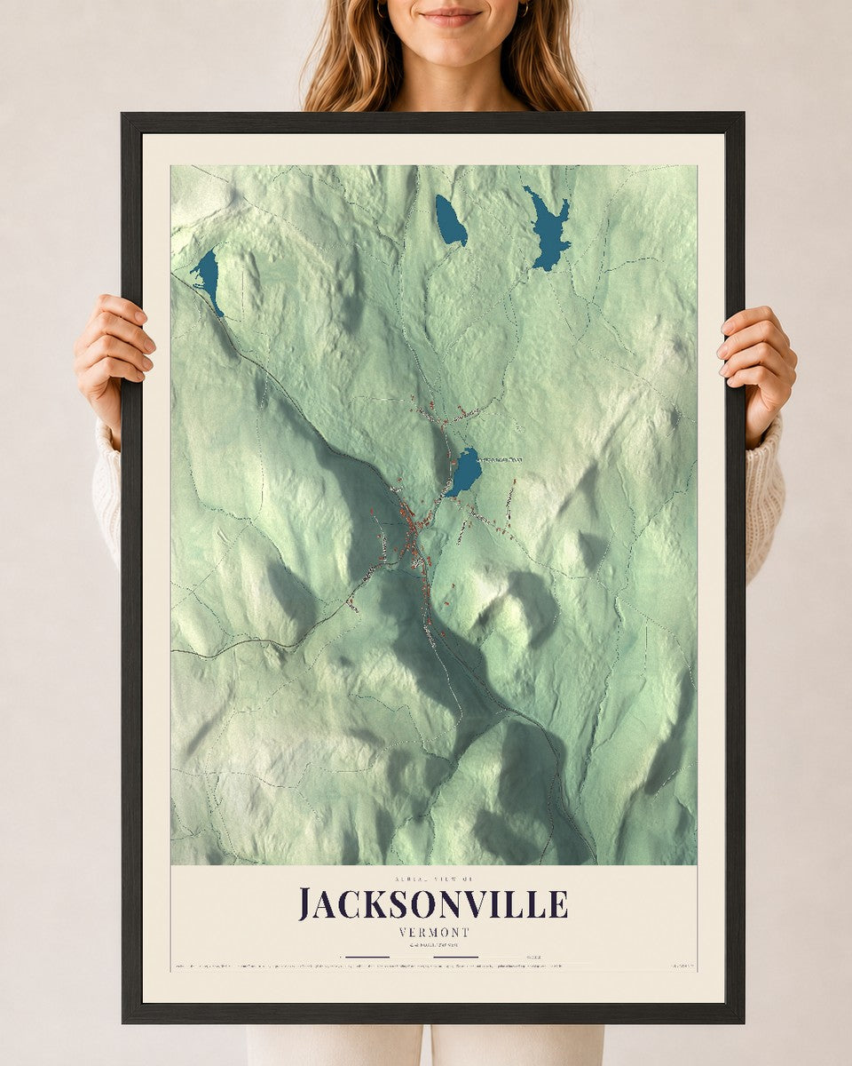 Jacksonville, Vermont map print - 24 x 36 black Ayous wood frame