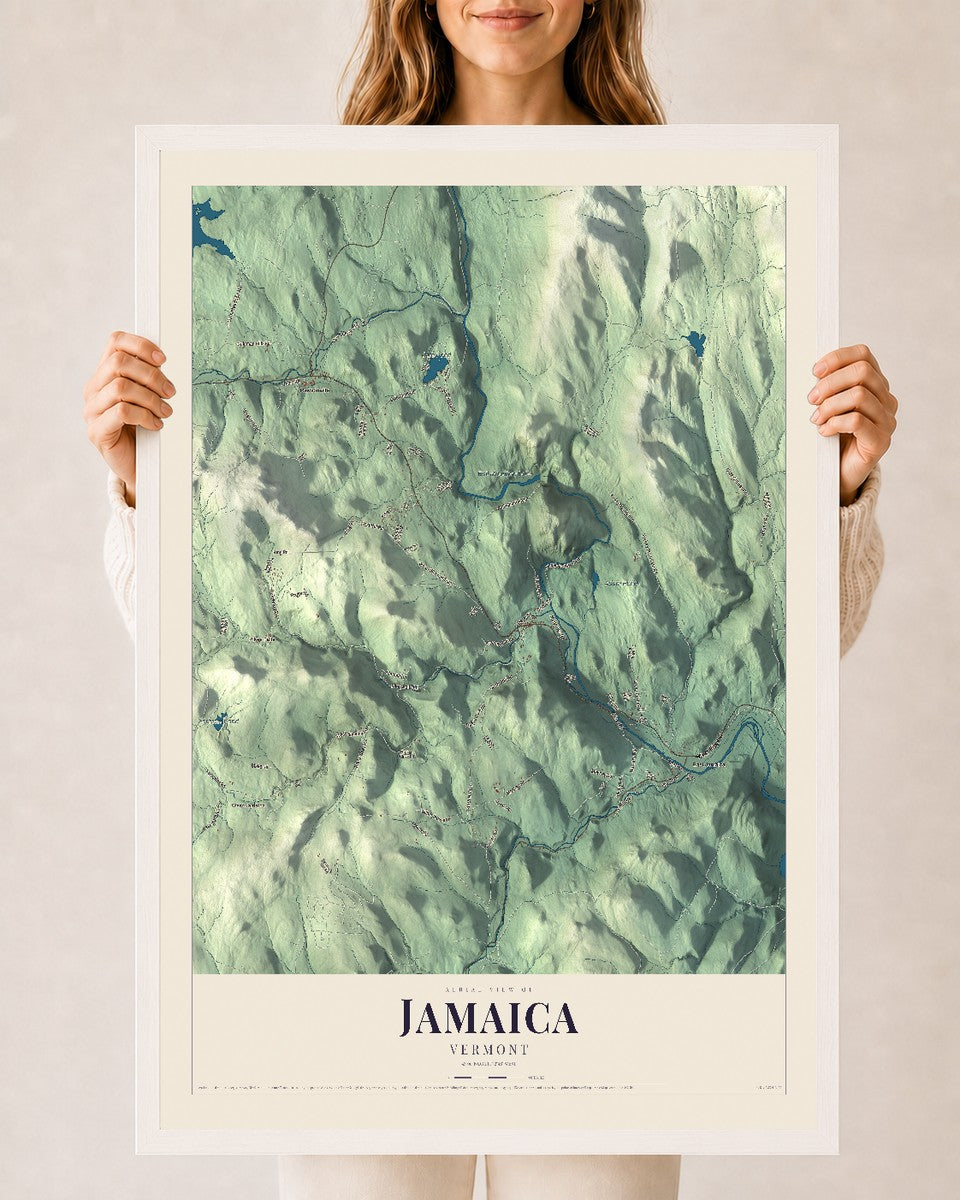 Jamaica, Vermont map print - 24 x 36 white Ayous wood frame