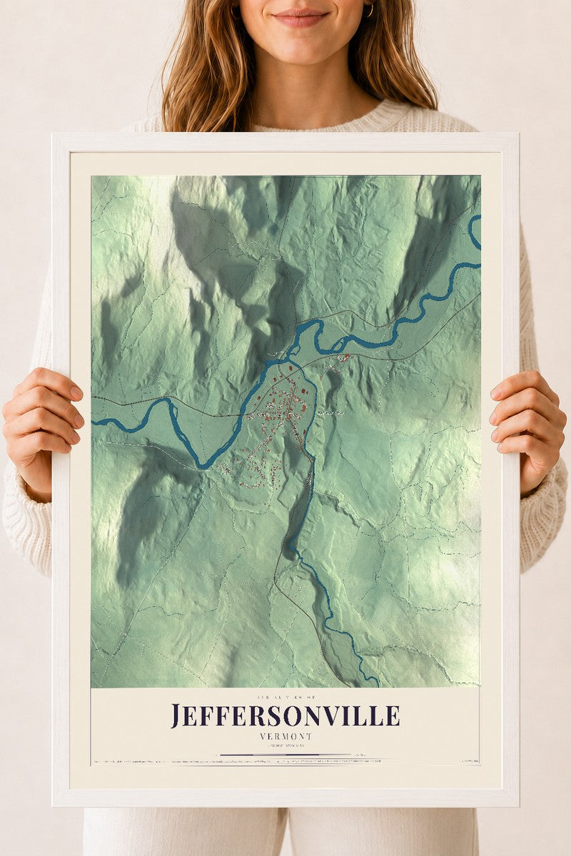 Jeffersonville, Vermont map print - 18 x 24 white Ayous wood frame