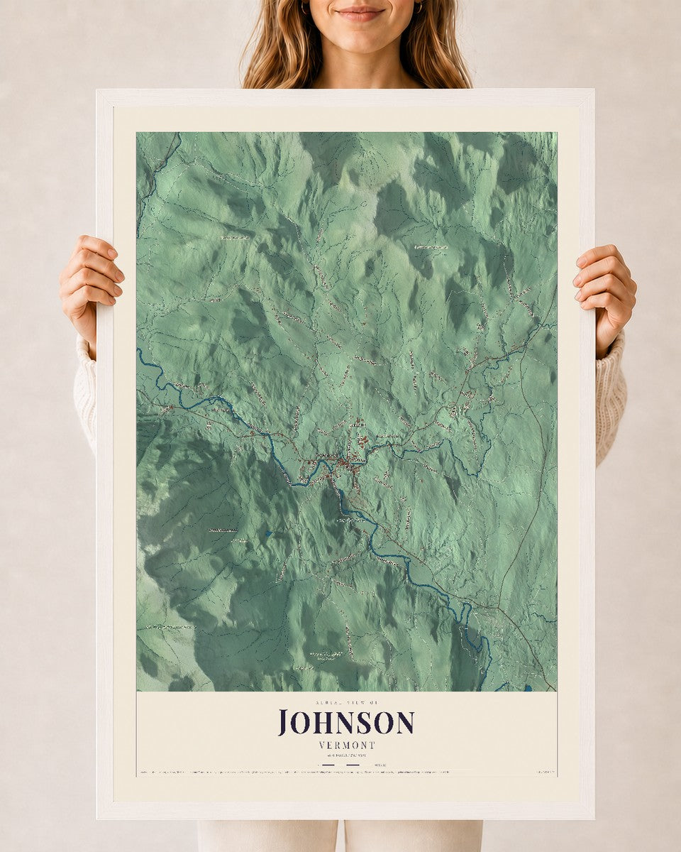 Johnson, Vermont map print - 24 x 36 white Ayous wood frame